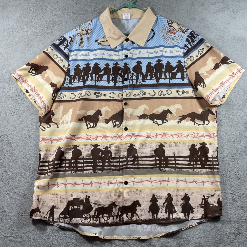 Western Cowboy Shirt Men 2XL All Over Print Button Up Short Sleeve Ranch Horses